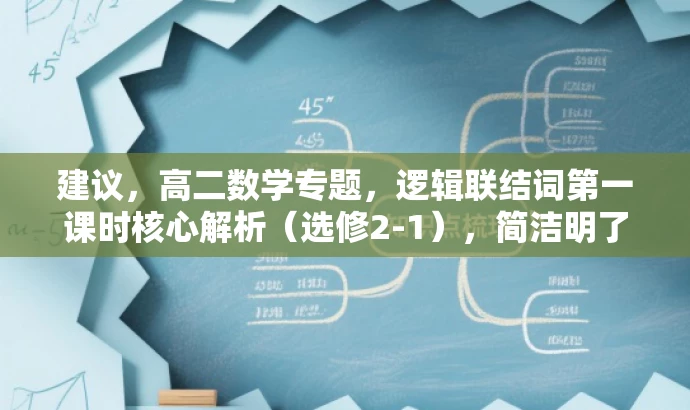 建议,高二数学专题,逻辑联结词第一课时核心解析(选修2-1),简洁明了,突出了课程的核心内容(逻辑联结词第一课时),同时提到了是高二数学的专题,选修2-1,符合目标人群的需求。语言有吸引力,能够引起学生的兴趣和好奇心。 建议,高二数学专题,逻辑联结词第一课时核心解析(选修2-1),简洁明了,突出了课程的核心内容(逻辑联结词第一课时),同时提到了是高二数学的专题,选修2-1,符合目标人群的需求。语言有吸引力,能够引起学生的兴趣和好奇心。