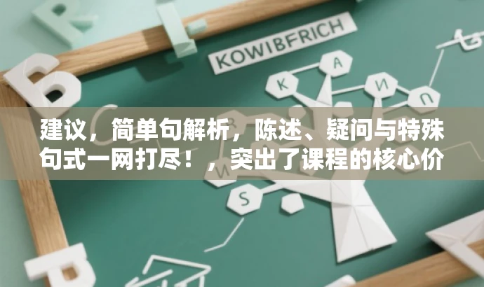 建议,简单句解析,陈述、疑问与特殊句式一网打尽!,突出了课程的核心价值(解析简单句),同时提到了课程涵盖的内容(陈述句、疑问句和各种特殊句式),并且使用了有吸引力的语言,以吸引目标人群的注意力。 建议,简单句解析,陈述、疑问与特殊句式一网打尽!,突出了课程的核心价值(解析简单句),同时提到了课程涵盖的内容(陈述句、疑问句和各种特殊句式),并且使用了有吸引力的语言,以吸引目标人群的注意力。
