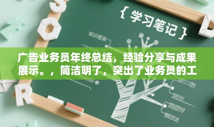 广告业务员年终总结,经验分享与成果展示。,简洁明了,突出了业务员的工作总结性质,同时强调了经验分享和成果展示,能够吸引目标人群的注意力。 广告业务员年终总结,经验分享与成果展示。,简洁明了,突出了业务员的工作总结性质,同时强调了经验分享和成果展示,能够吸引目标人群的注意力。