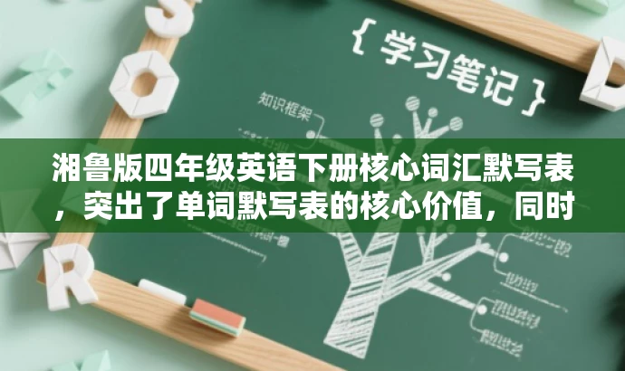 湘鲁版四年级英语下册核心词汇默写表,突出了单词默写表的核心价值,同时简洁明了,适合吸引家长和学生等目标人群的注意力。 湘鲁版四年级英语下册核心词汇默写表,突出了单词默写表的核心价值,同时简洁明了,适合吸引家长和学生等目标人群的注意力。